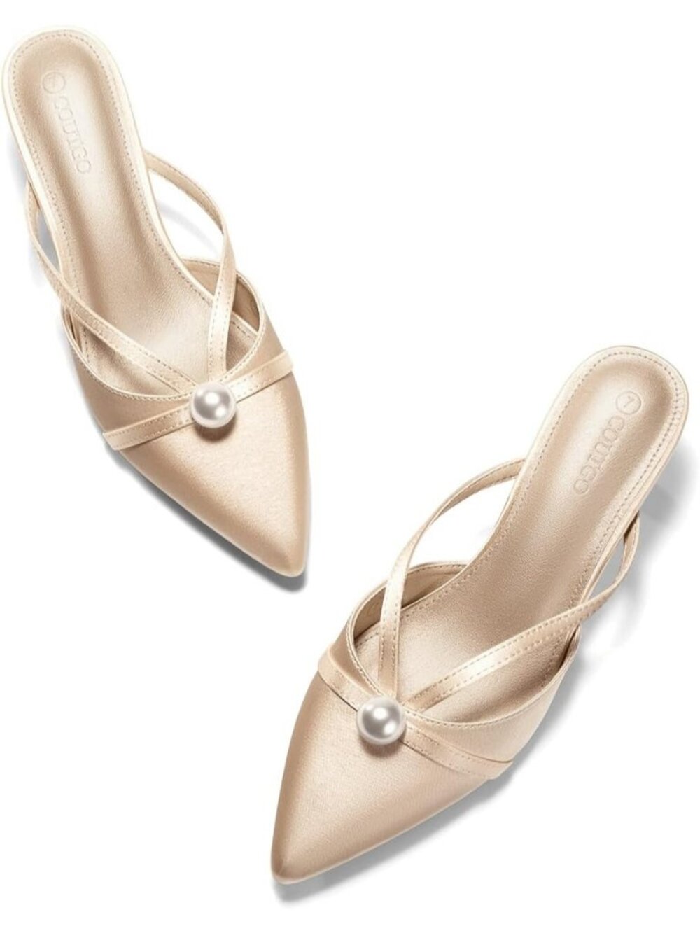 Women Champagne Gold Rubber Satin Pearl Kitten Heel Pointed Toe Slingback Sandal